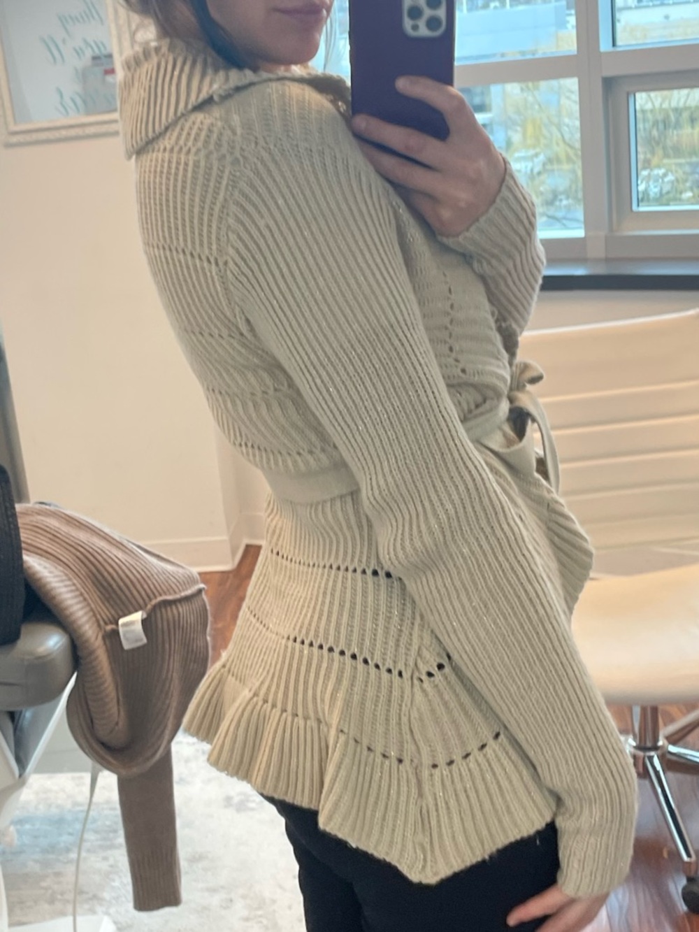 bebe Open-Front Belted Knit Cardigan - Light Beige - Picture 9 of 10
